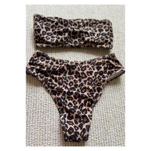Women High Cut Bandeau Leopard Animal Printed Strapless Swimsuits Bikini Set